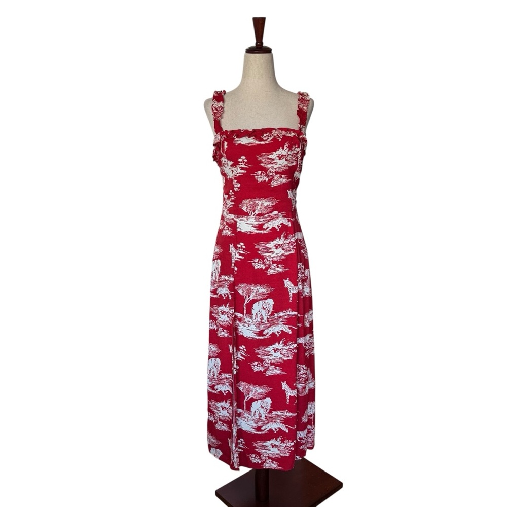 Reformation Arielle Midi Dress Red Safari Print Toile size 6